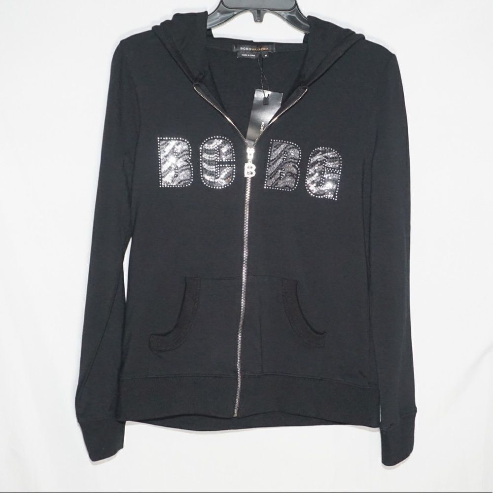 BCBGMaxAzria NWT Black Hooded Jacket with Zebra Striped Sequins